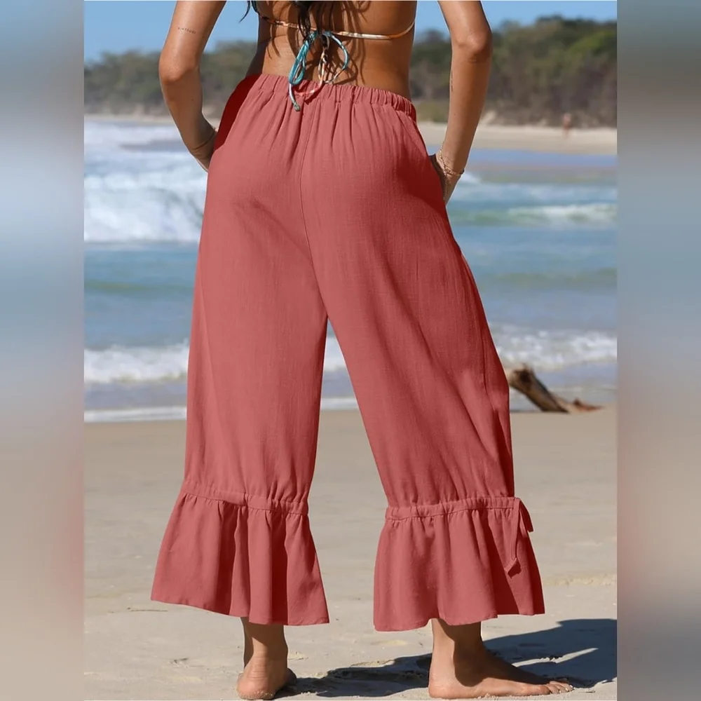 Linen Wide Leg Palazzo Pants Ruffle Hem | Size Large | NWT - Picture 3 of 4